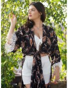 ONIBON FASHION Chimono cu model si slituri laterale - Alb/Negru/Portocaliu stins