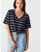 Only Bluza cu decolteu in V si model in dungi - Crem/Bleumarin