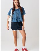 Only Bluza din denim cu maneci scurte si terminatie cu volan - Albastru melange