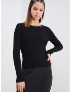 Only Pulover slim fit cu decolteu la baza gatului si striatii - Negru/Argintiu
