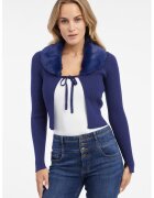 Orsay Cardigan crop cu snur si blana sintetica - Albastru indigo