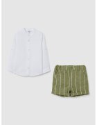 OVS Set de camasa din amestec de in si pantaloni scurti - Verde masliniu/Alb optic