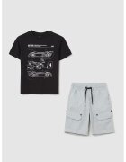 OVS Set de pantaloni scurti cargo si tricou - 2 piese - Negru/Gri cenusiu