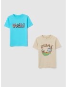 OVS Set de tricou de bumbac cu model grafic - 2 piese - Albastru glaciar/Maro camel