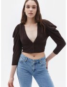 OXXO Bluza crop cu decolteu in V si maneci bufante - Maro inchis