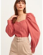 OXXO Bluza de bumbac cu maneci bufante si decolteu sweetheart - Coral
