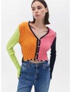 OXXO Cardigan crop cu model colorblock si decolteu in V - Roz pastel/Portocaliu mandarina/Verde pal
