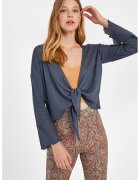 OXXO Cardigan crop cu snur frontal - Albastru prafuit
