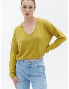 OXXO Pulover crop cu decolteu in V si maneci cazute - Verde masliniu