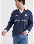 Pegador Bluza polo striata cu text brodat - Albastru indigo