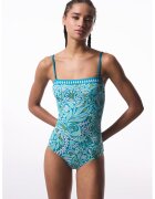 Penti Costum de baie intreg cu design tropical - Alb/Albastru deschis/Galben mustar