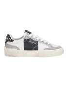 Pepe Jeans London Pantofi sport cu piele intoarsa si detalii stralucitoare - Alb/Negru/Argintiu