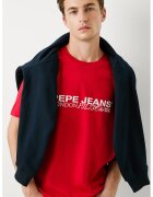 Pepe Jeans London Tricou cu decolteu la baza gatului si logo pe piept - Alb/Rosu vermillion