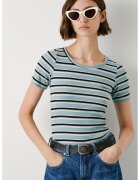 Pepe Jeans London Tricou cu model in dungi si decolteu rotund - Alb/Negru/Turcoaz