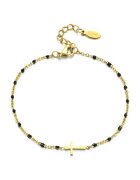 Pursehuit Bratara aurie din otel inoxidabil placat cu aur 18K PVD - cu bobite negre si cruciulita - Jakobina C5