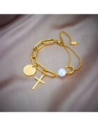 Pursehuit Bratara aurie - din otel inoxidabil - suflata cu aur 18k - cu perla si cruciulita - Elvia C3