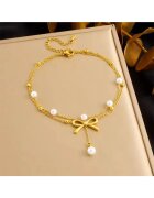 Pursehuit Bratara de picior - aurie - din otel inoxidabil - suflata cu aur 18k - cu fundita si perlute - Ada C4