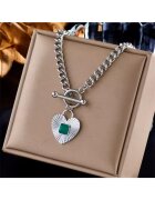 Pursehuit Colier argintiu - din otel inoxidabil - cu pandantiv inima si piatra verde - suflat cu aur 18k - Tyge C1
