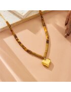 Pursehuit Colier auriu - din otel inoxidabil - cu margelute maro si pandantiv inima - suflat cu aur 18k - Brita C11