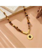 Pursehuit Colier auriu - din otel inoxidabil - cu margelute maro si pandantiv rotund - suflat cu aur 18k - Bryana C11
