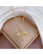 Pursehuit Colier auriu - din otel inoxidabil - cu pandantiv libelula si pietre - suflat cu aur 18k - Bernadeta C12