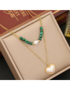 Pursehuit Colier auriu - din otel inoxidabil - in 2 straturi - cu inimioara - perle si margelute - suflat cu aur 18k - Amelia C1