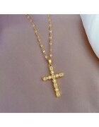 Pursehuit Colier auriu din otel inoxidabil placat cu aur 18K PVD - cu pandantiv cruciulita si pietre - Bernice C11
