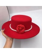 Pursehuit Palarie dama - rosie - cu bor lat - stil canotiera - handmade - cu accesoriu detasabil din perle - Grimkel