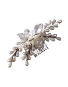 Pursehuit Set accesoriu de par si cercei - argintiu - cu flori albe si perle - 15.5 cm - Megan C9