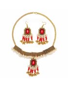 Pursehuit Set colier si cercei - auriu - stil indian - cu pietre rosii si perle - Liana C15 -