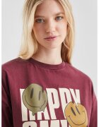 QS Tricou cu decolteu la baza gatului si imprimeu grafic - Rosu inchis/Crem