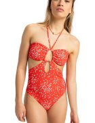 Roxy Costum de baie intreg cu model floral si decupaje - Alb/Rosu vermillion
