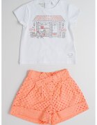 Sarabanda Set de tricou si pantaloni scurti din amestec de bumbac - 2 piese - Alb/Coral