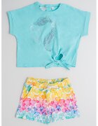 Sarabanda Set de tricou si pantaloni scurti din bumbac - 2 piese - Roz/Albastru/Verde menta