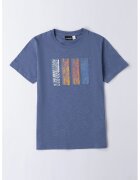 Sarabanda Tricou cu imprimeu grafic si decolteu la baza gatului - Albastru inchis/Portocaliu pal/Alb murdar