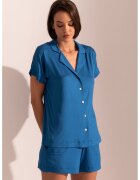 Sofiaman Pijama din amestec de micromodal cu pantaloni scurti si revere decupate Cameron - Albastru inchis