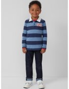 sOliver Bluza polo cu imprimeu text si dungi - Albastru prafuit/Bleumarin