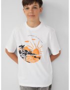 sOliver Tricou cu imprimeu grafic si decolteu la baza gatului - Negru stins/Portocaliu pal/Alb optic