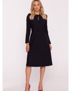 Stylove Rochie midi - S413 neagra decolteu rotund - maneci lungi - funde decorative - buzunare laterale - fermoar la spate - zi cu zi - Negru