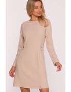 Stylove Rochie mini S419 bej maneci lungi - decolteu rotund - bretele decorative in talie cu nasturi aurii - material neted cu finisaj moale - Inchizatoare cu fermoar la spate - Bej