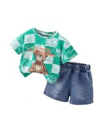 Superbaby Compleu Cu Tricou Si Blugi - Model Bear - Casual - Baieti - Maneca scurta - Alb/Verde