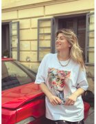 Tessuto Tricou de bumbac organic pictat manual - Rosu/Alb/Roz pal