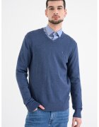 Tommy Hilfiger Pulover de bumbac cu decolteu in V - Albastru inchis