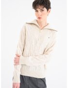 Tommy Hilfiger Pulover din lana cu fermoar scurt si model torsade - Crem