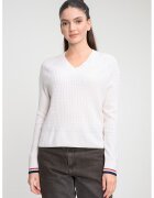 Tommy Hilfiger Pulover striat cu decolteu in V - Alb murdar