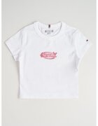 Tommy Hilfiger Tricou cu decolteu la baza gatului si imprimeu logo - Alb optic/Roz