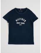 Tommy Hilfiger Tricou cu decolteu la baza gatului si imprimeu logo - Albastru inchis/Alb murdar