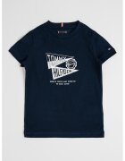 Tommy Hilfiger Tricou de bumbac cu imprimeu logo - Alb murdar/Bleumarin