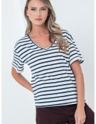 Tommy Hilfiger Tricou lejer din amestec de in cu model in dungi si decolteu in V - Alb murdar/Bleumarin