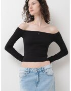 Tommy Jeans Bluza crop cu decolteu pe un umar - Negru